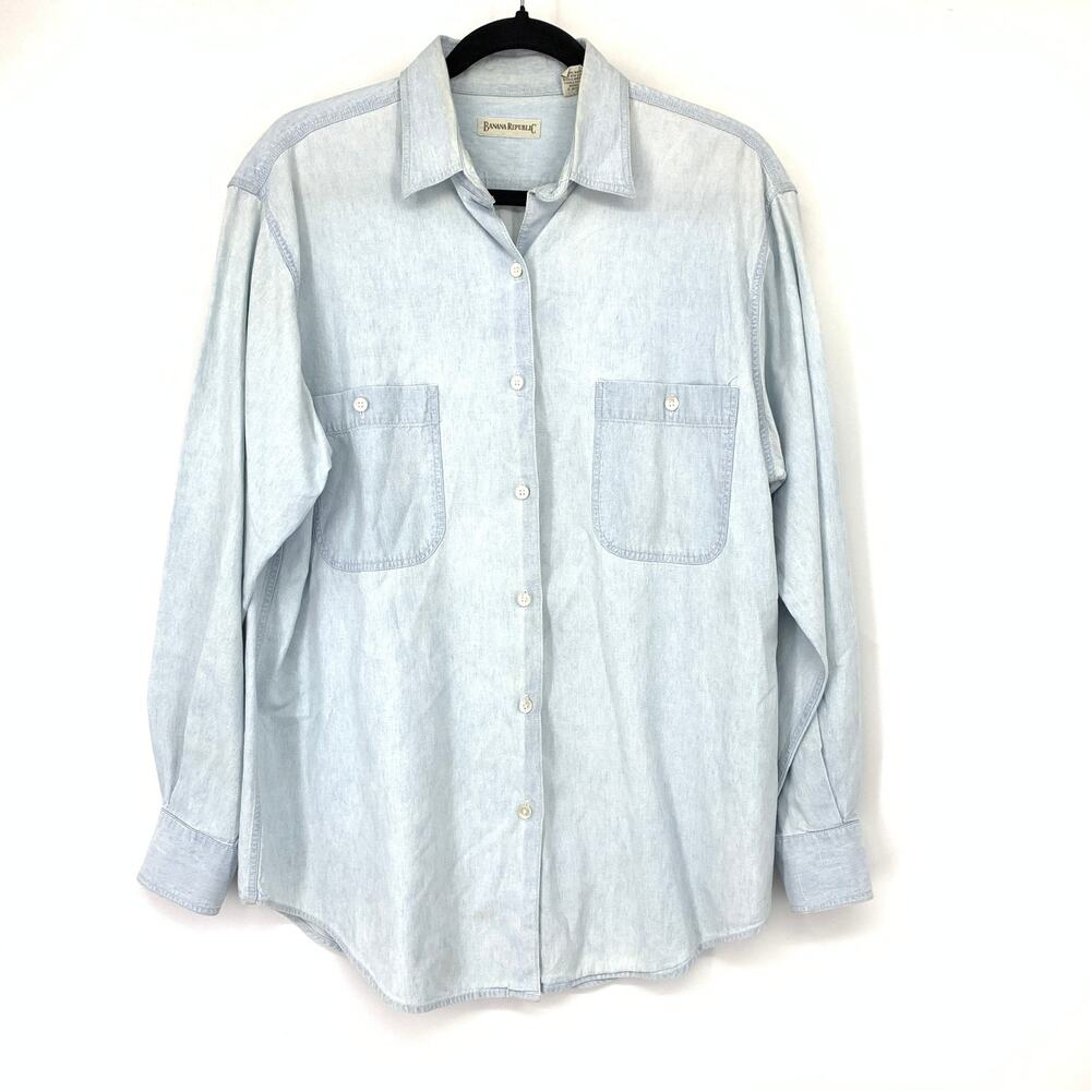 VTG Banana Republic Button Front Shirt Long Sleeve Mens Sz L Light Blue Chambray